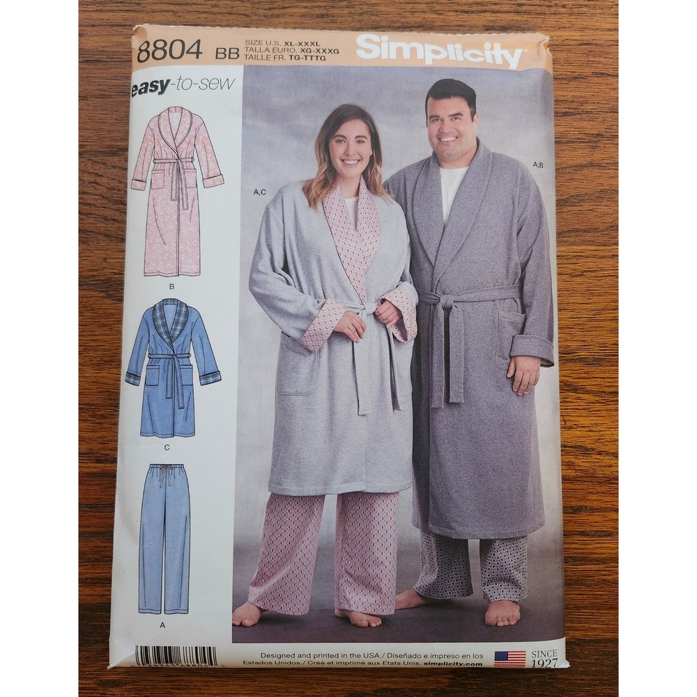 Simplicity 8804 Sewing Pattern Unisex Robe and Pants Size XL-XXXL Uncut Easy